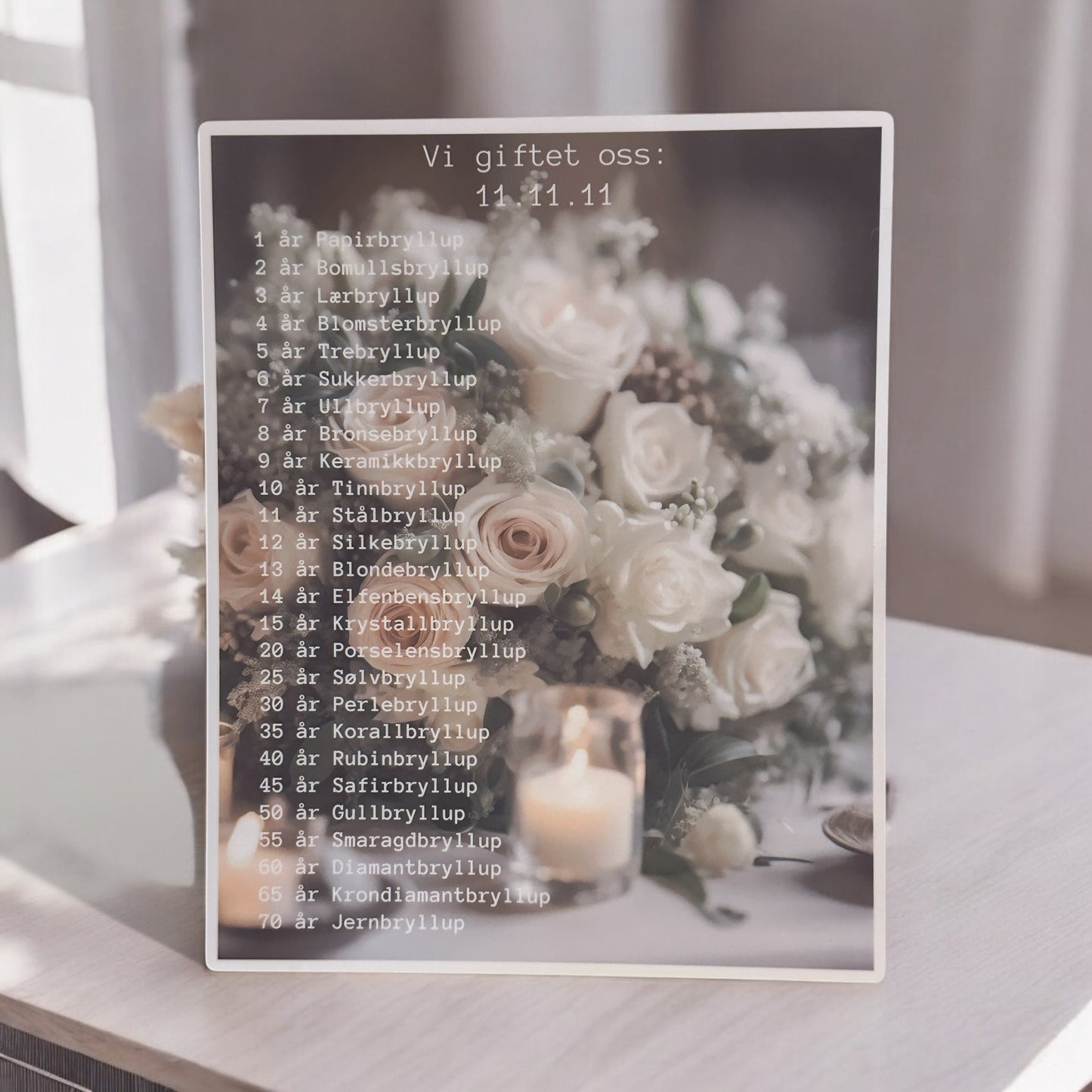 Bryllupsdager fra 1 til 70 Ă„r â Den komplette oversikten pĂ„ en elegant bildeplate