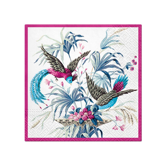Papirservietter hvit - Fuglemotiv med sterke rosa og blå farger. 