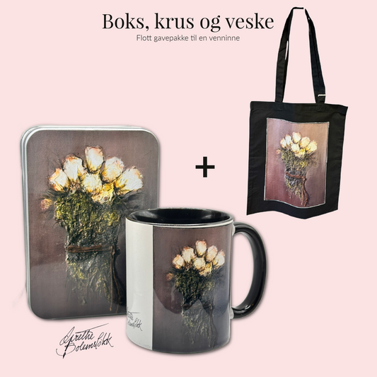 Gavepakke – Bundet av tid (Krus, boks og veske)